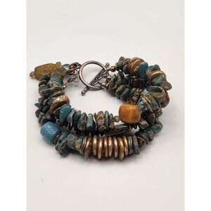 Multi Strand Rough Mixed Stone Turquoise Bracelet Sterling Toggle Carved Charm